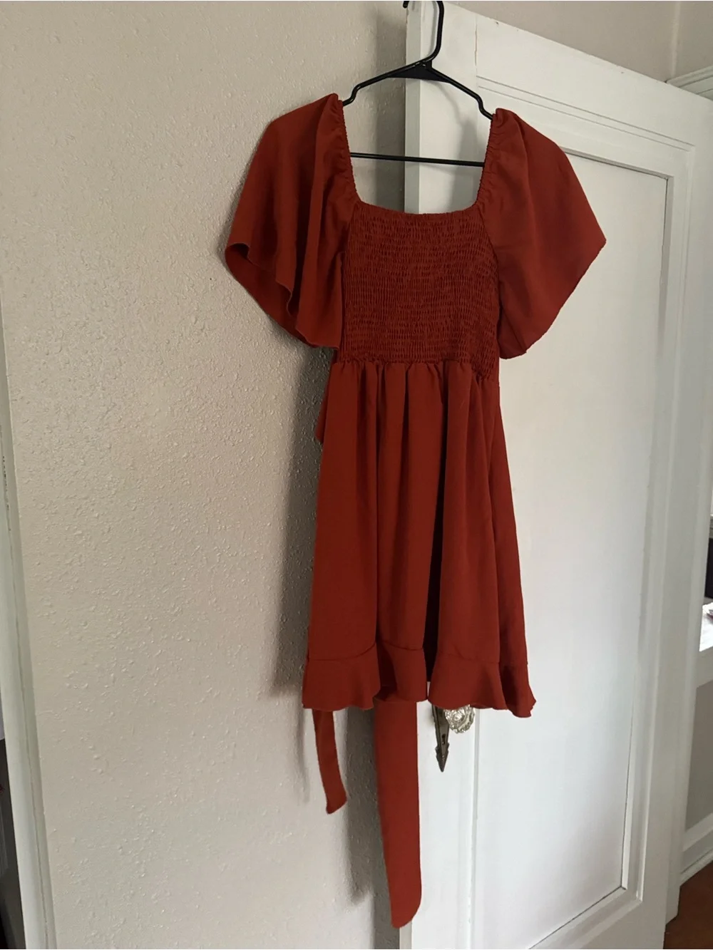 Amazon Rust Red Ruffle Wrap Mini Dress - Picture 2 of 3
